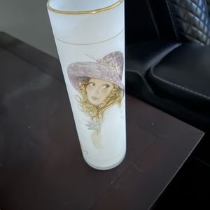 Vintage Enesco Satin Glass Vase Lady with Hat Gold Rim